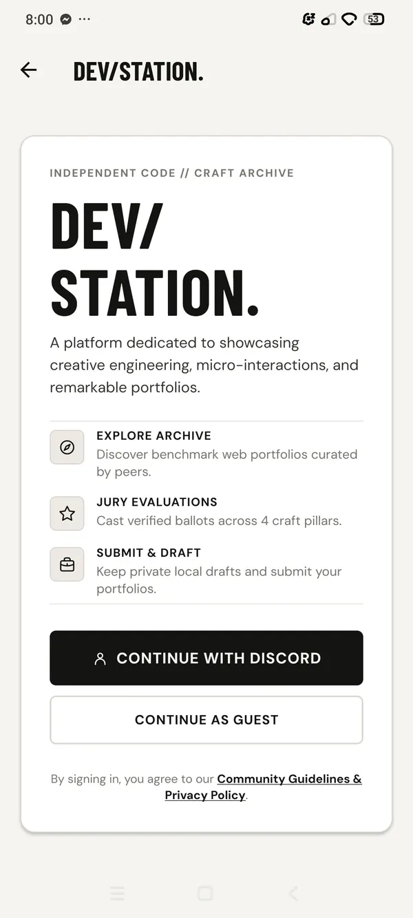 DEV/STATION Android: Discord sign-in and guest browsing screen